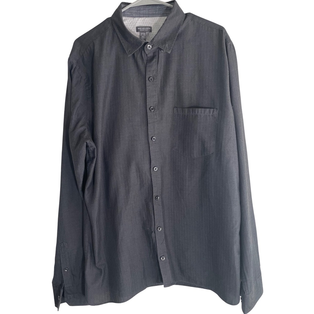 Van Heusen Mens XLT Shirt Charcoal Gray Herringbone Button Down Long Sleeve